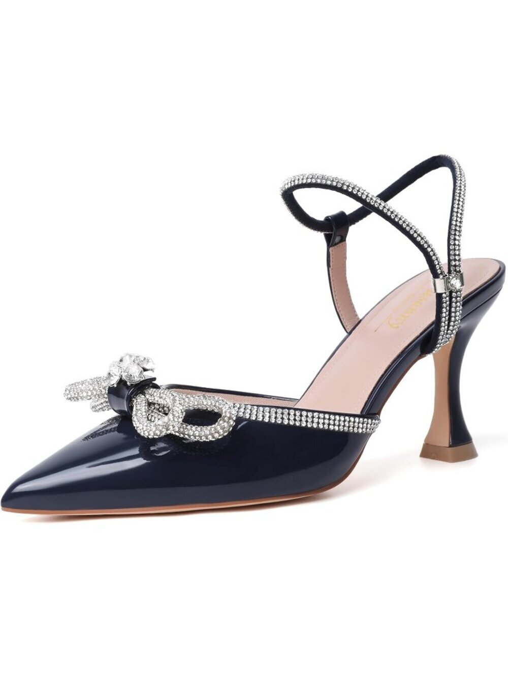 Women's Patent Navy Closed Toe Rhinestone Low Slingback Shoes Kitten Heels